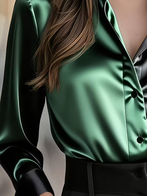 A Stylish Solid Color Satin Shirt Dark Green