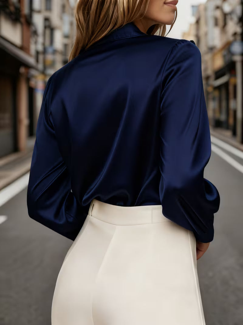 A Stylish Solid Color Satin Shirt Blue Navy