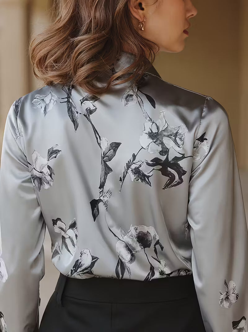 A Stylish Solid Color Satin Shirt Printed Silvery Grey