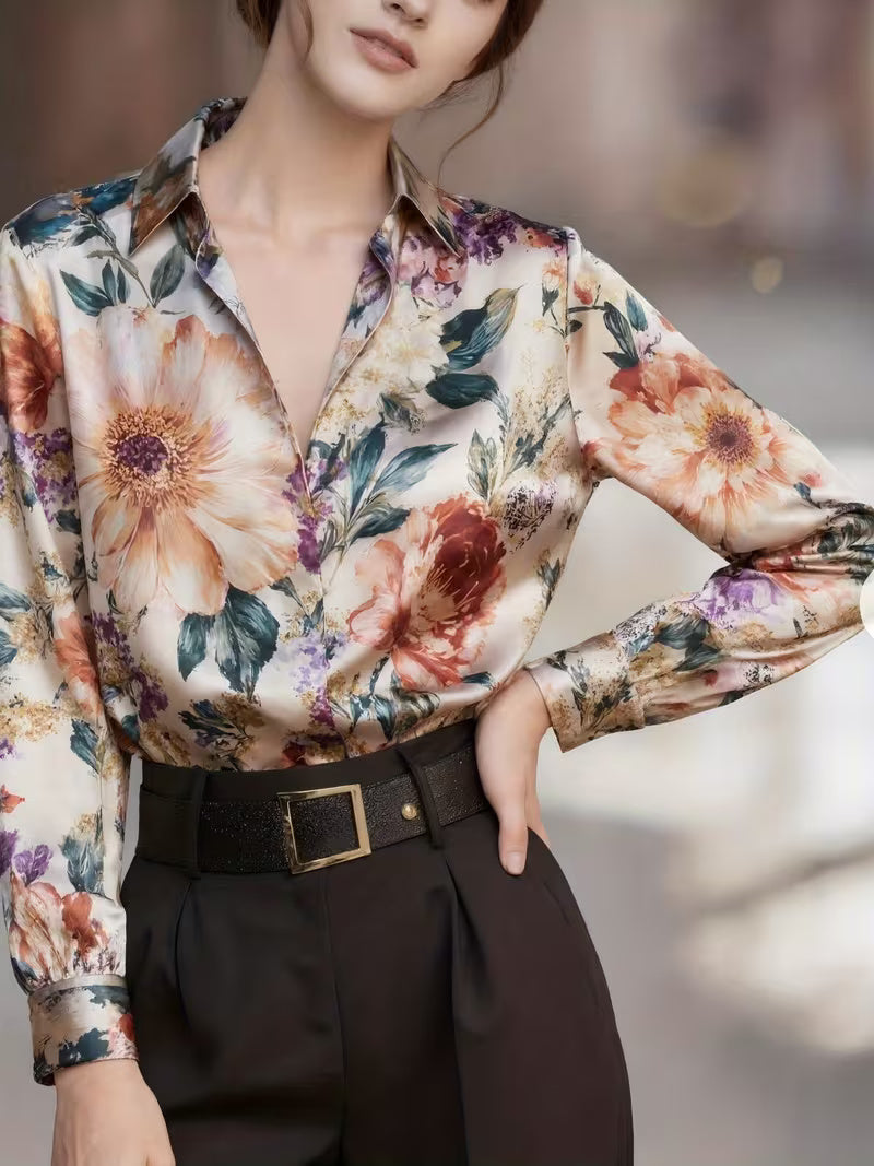 A Stylish Solid Color Satin Shirt Printed flowers