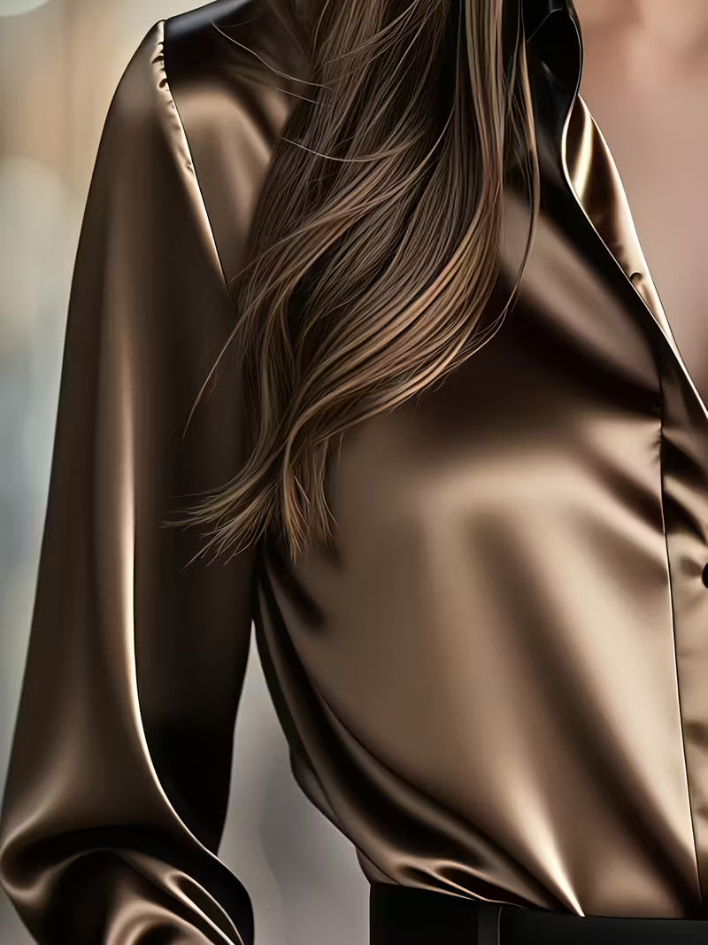 A Stylish Solid Color Satin Shirt Coffee color