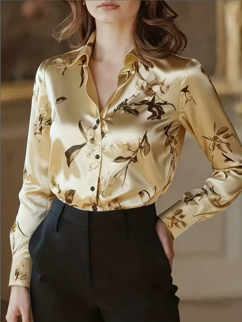 A Stylish Solid Color Satin Shirt Printed Gold