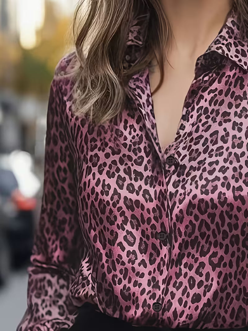 A Stylish Solid Color Satin Shirt Leopard Print pink