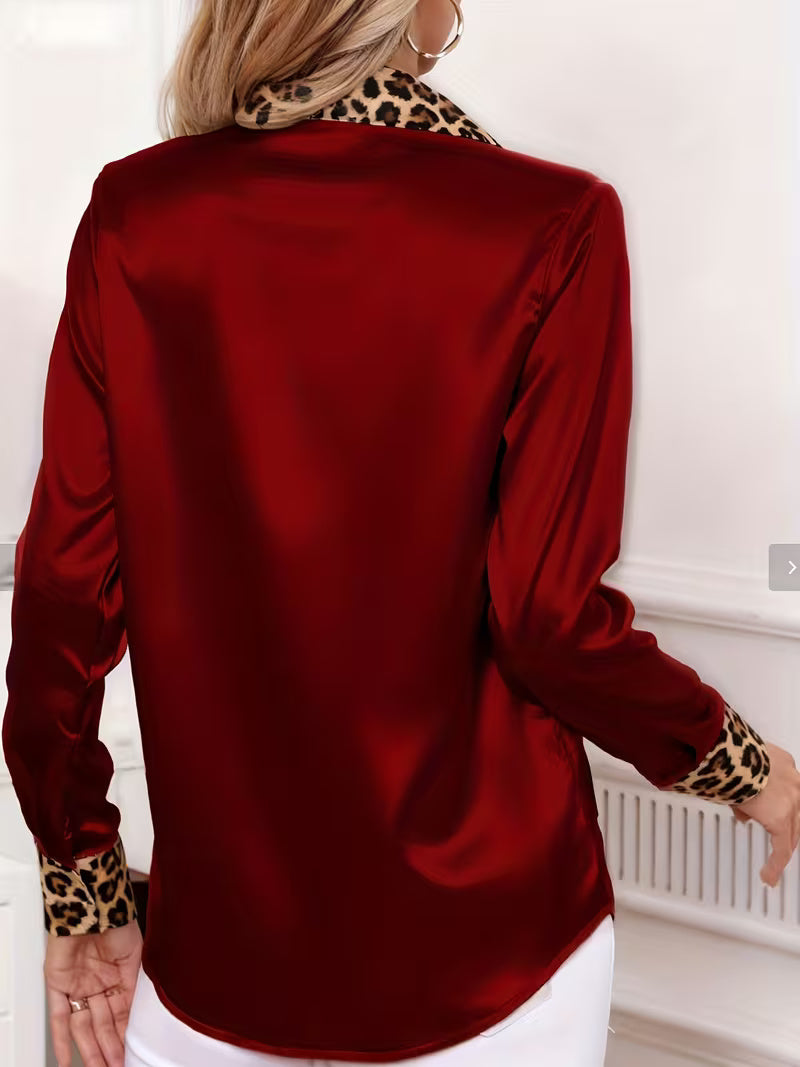 A Stylish Solid Color Satin Shirt Leopard crimson