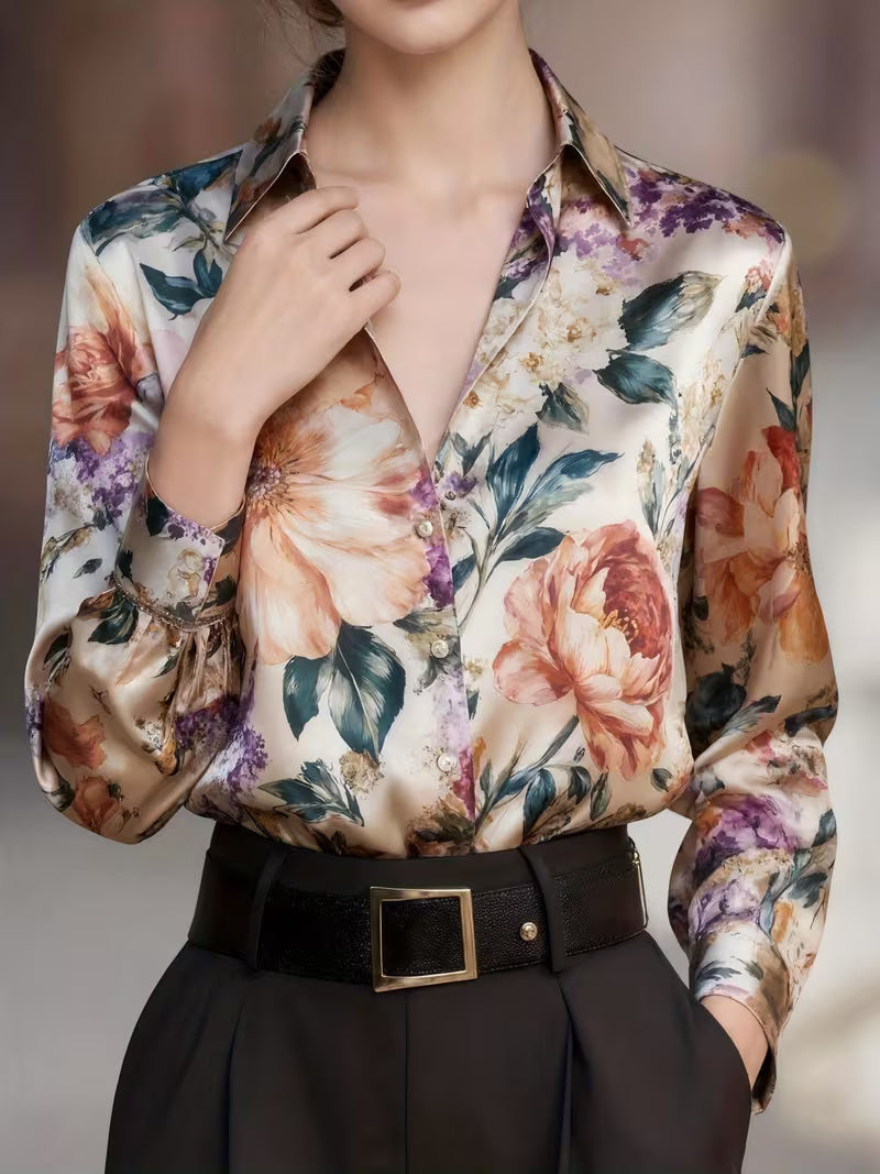 A Stylish Solid Color Satin Shirt Printed flowers
