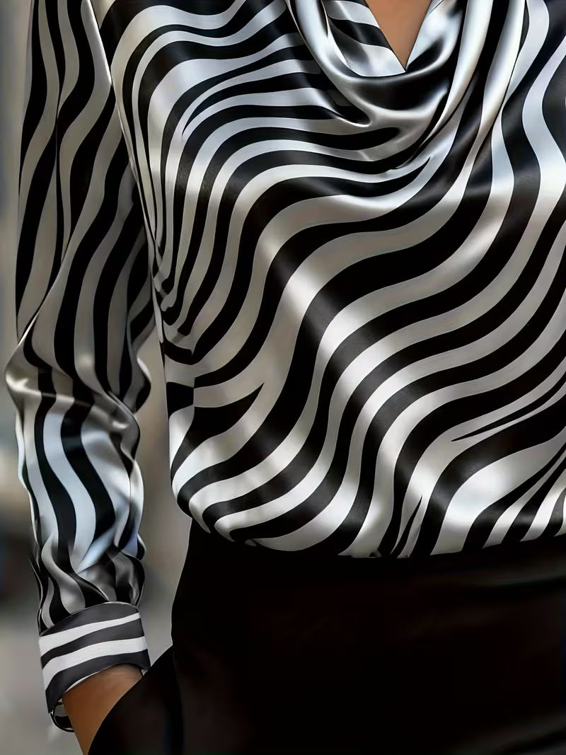A Stylish Solid Color Satin Shirt Zebra Print Ruffled Collar