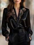 A Stylish Solid Color Satin Shirt Lapel Lace Splicing