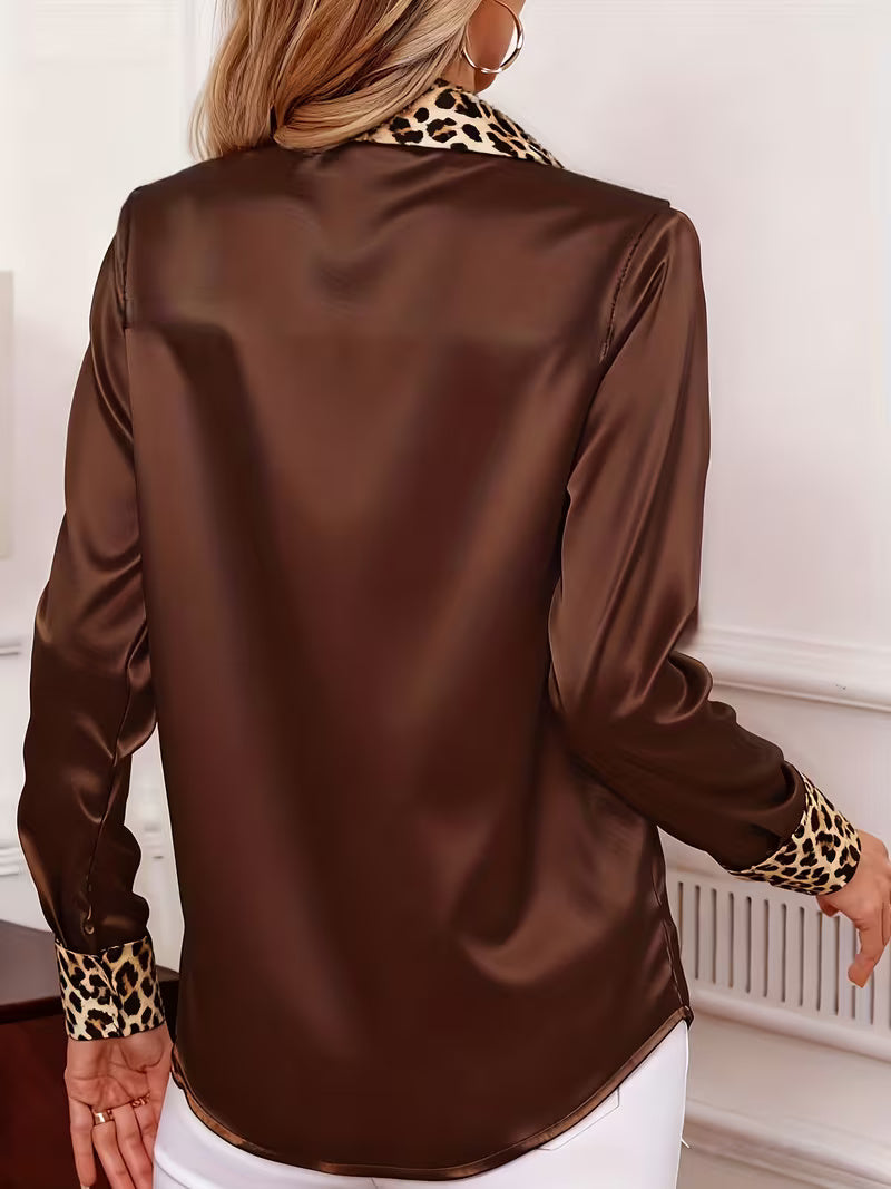 A Stylish Solid Color Satin Shirt Leopard Coffee