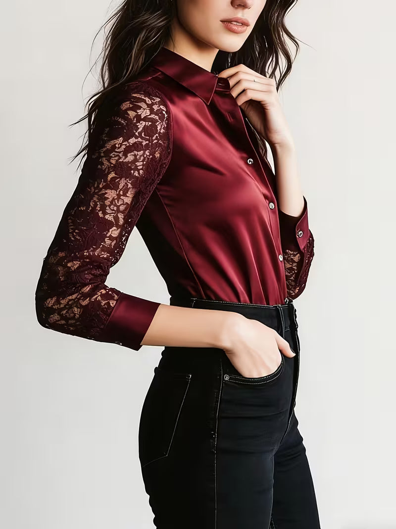 A Stylish Solid Color Satin Shirt Red jali