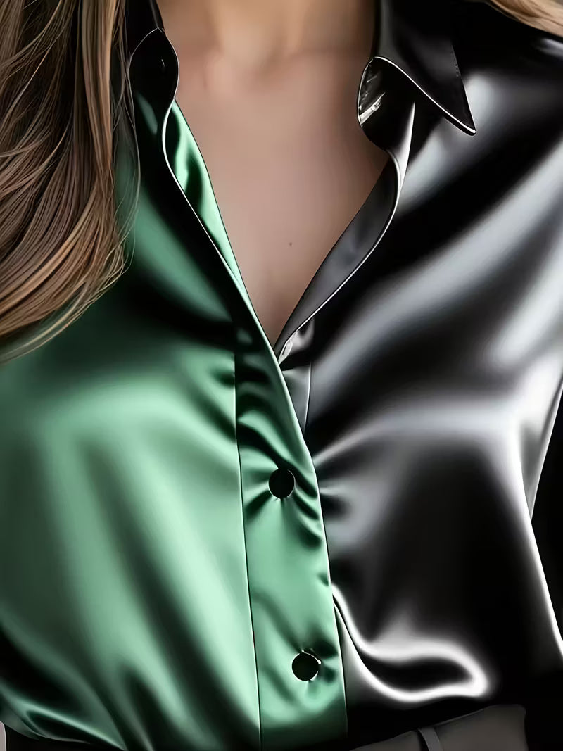 A Stylish Solid Color Satin Shirt Dark Green