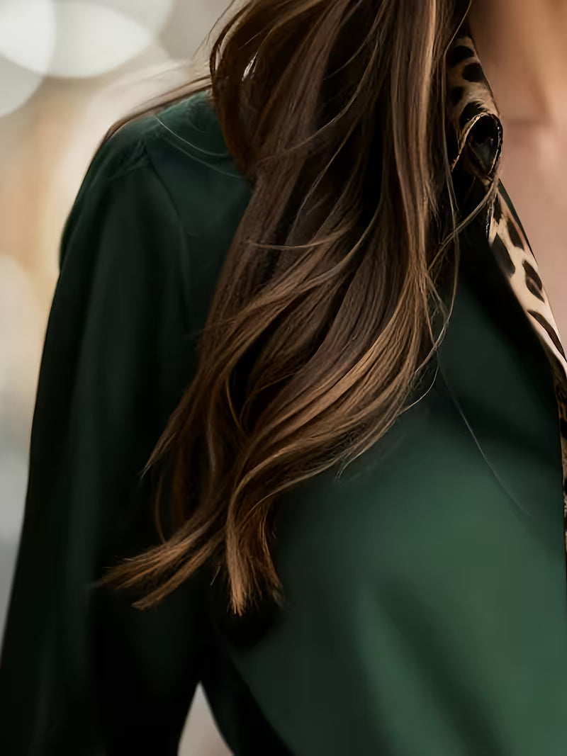 A Stylish Solid Color Satin Shirt Leopard Green