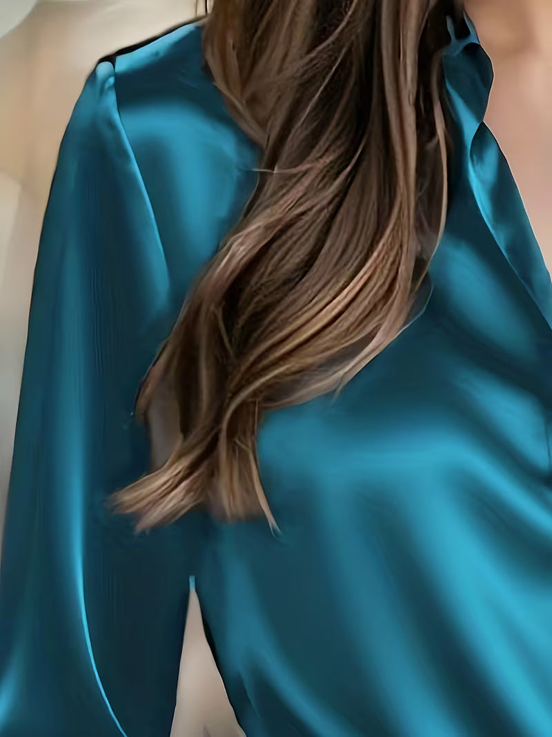 A Stylish Solid Color Satin Shirt Peacock Blue