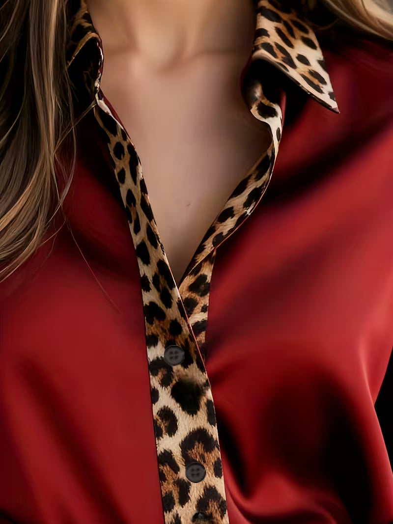 A Stylish Solid Color Satin Shirt Leopard crimson