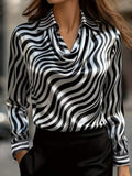 A Stylish Solid Color Satin Shirt Zebra Print Ruffled Collar