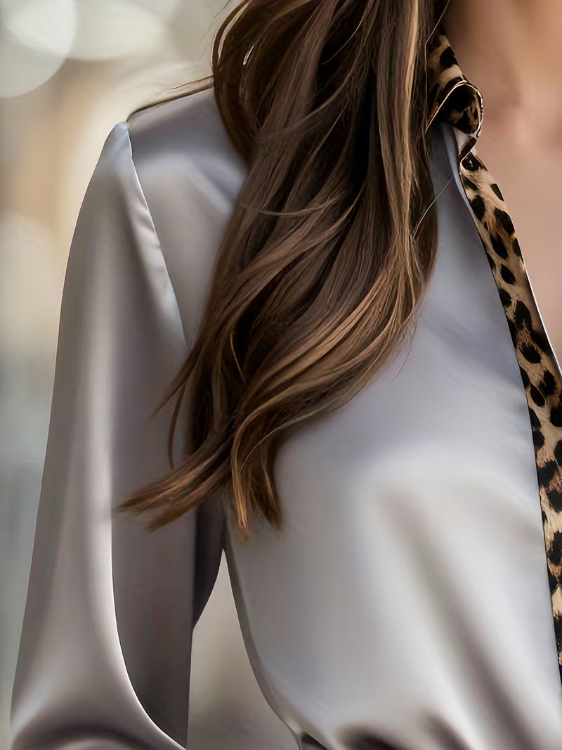 A Stylish Solid Color Satin Shirt Leopard Silvery Grey