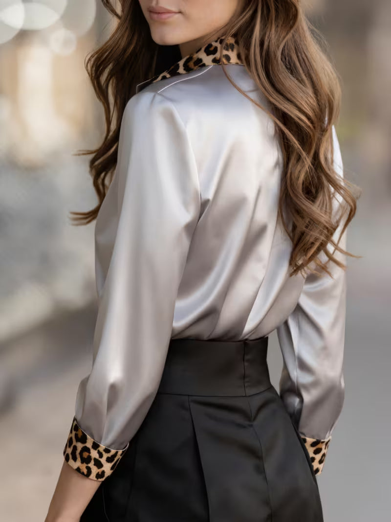 A Stylish Solid Color Satin Shirt Leopard Silvery Grey