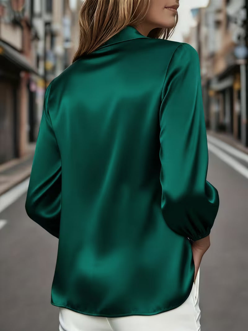 A Stylish Solid Color Satin Shirt Malachite Green