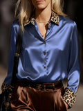 A Stylish Solid Color Satin Shirt Leopard Bright Steel Blue