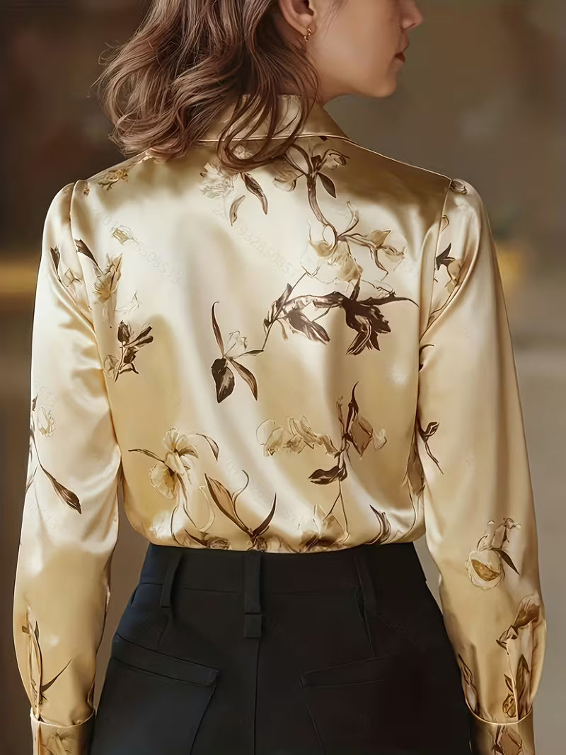 A Stylish Solid Color Satin Shirt Printed Gold