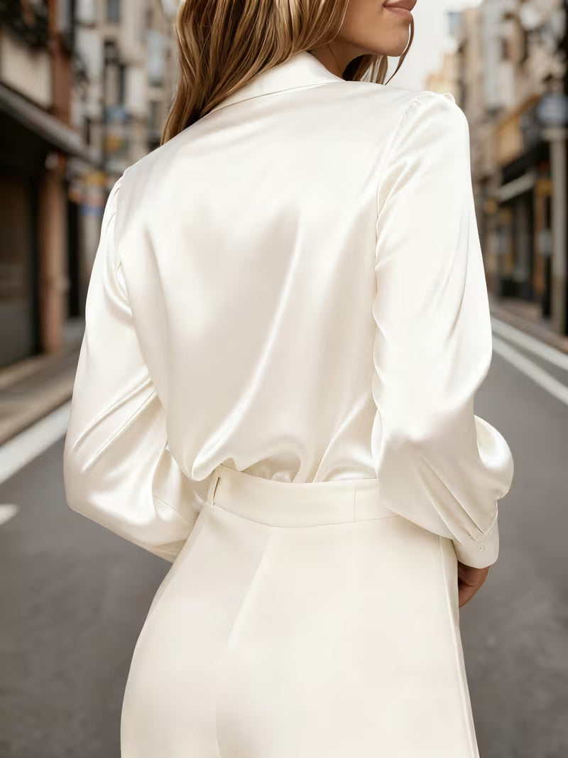 A Stylish Solid Color Satin Shirt White