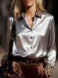 A Stylish Solid Color Satin Shirt Leopard Silvery Grey