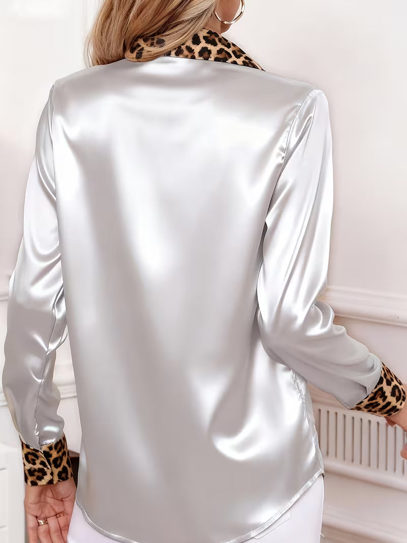 A Stylish Solid Color Satin Shirt Leopard Silvery Grey
