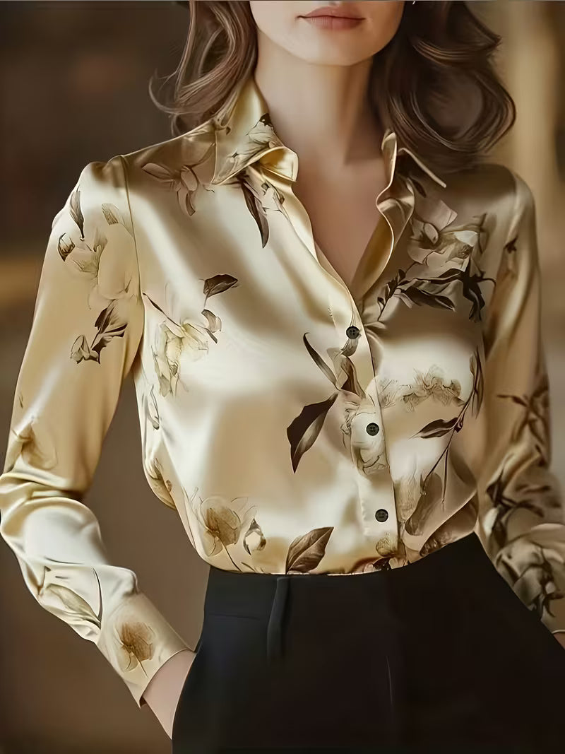 A Stylish Solid Color Satin Shirt Printed Gold