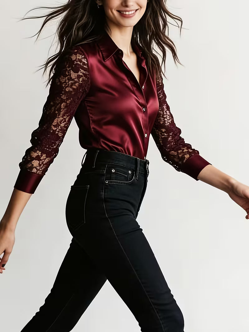 A Stylish Solid Color Satin Shirt Red jali