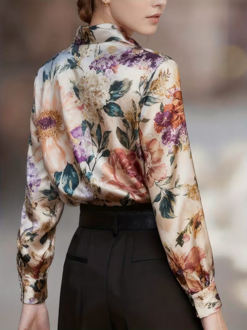A Stylish Solid Color Satin Shirt Printed flowers