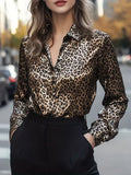 A Stylish Solid Color Satin Shirt Leopard Print Brown