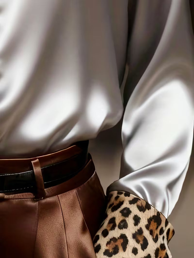 A Stylish Solid Color Satin Shirt Leopard Silvery Grey
