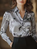 A Stylish Solid Color Satin Shirt Printed Silvery Grey