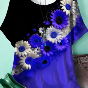 3D Print Blue and white flower Tee for Everyday Wear